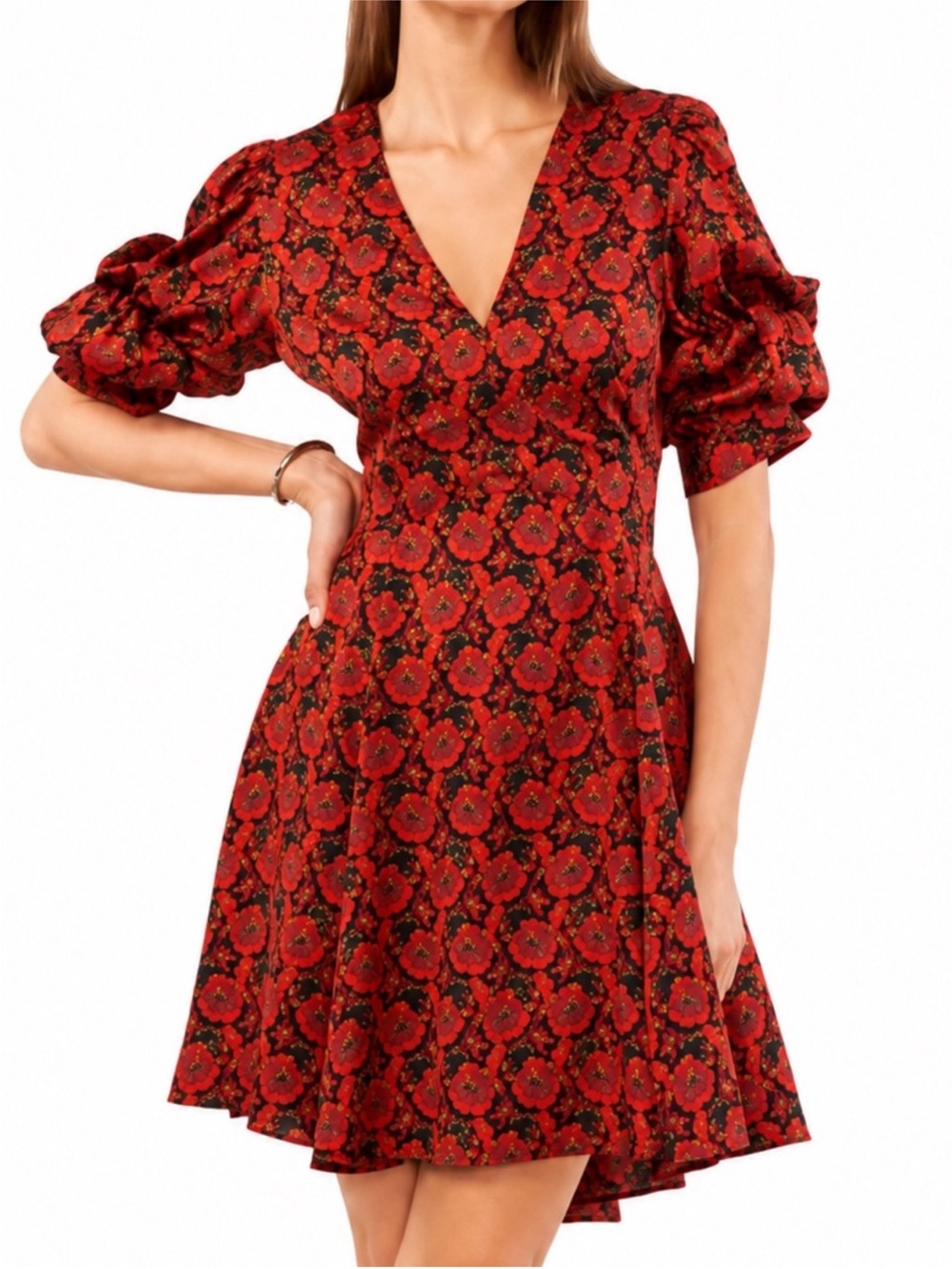 1. State Red Floral V-Neck Puff-Sleeve Dress